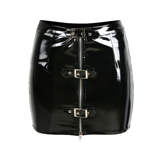 2018 GLAMCARE Black Club Skirt Metal Details PVC Shaping Women's Sexy Mini Skirt FE0117