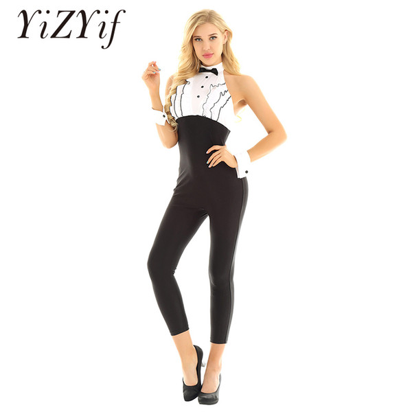 Women Romper Bodysuits Ruffle Chest Decorated a Bow Tie Sleeveless Tuxedo Leotard Jumpsuit Trousers with Wrist Cuffs Body suit sexy