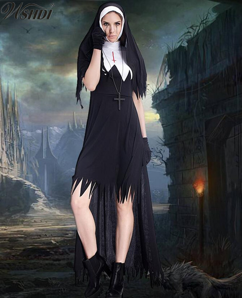 Sexy Black The Virgin Mary Costume Cosplay Witch Wear Uniform Halloween Masquerade Catholic Nun Fancy Dress