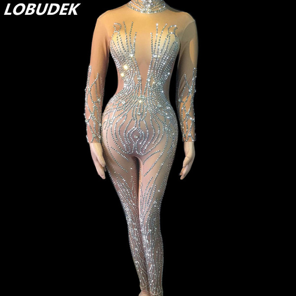 Sparkly Crystals Skin Color Skinny Jumpsuit Female Dancer Stage Wear Nightclub Leotard Bar Party Pole Dance Show Sexy Costume