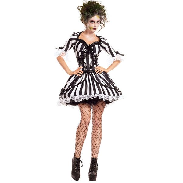 New Black Add White Stripe Ghost Bride Costume for Women's Halloween Zombie Fancy Dress Party Cosplay Outfit Costumes sexy