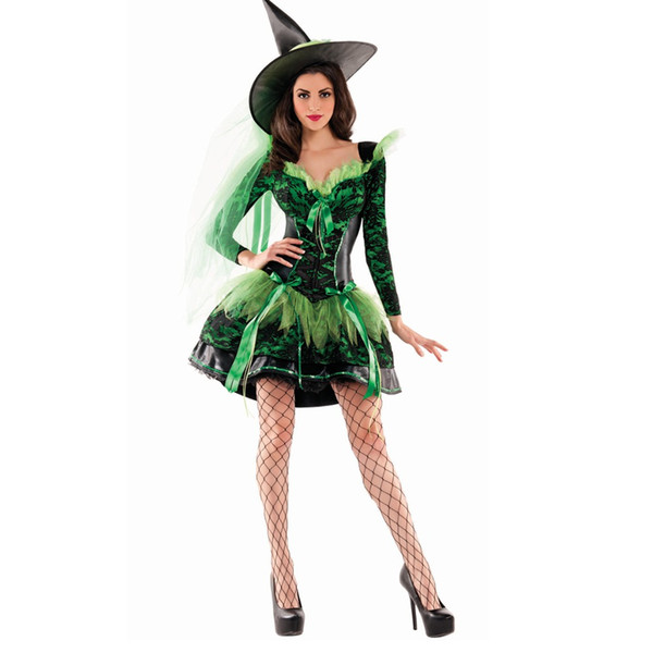 New Green Lace Dress Witch Costume Halloween Party Witch Costume Women Sexy Performances Fancy Dress+Hat