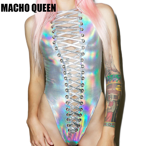 Summer Holographic Musical Festival Rave Wear Clothes Outfits Gear Silver Holographic Lace Up Bodysuit Hologram Women Jumpsuit sexy