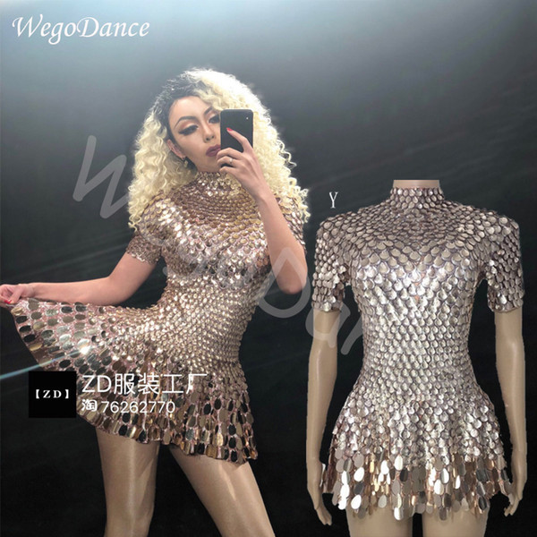 Shining Lovely Sequins Mini Dress Costume Celebrate Rhinestone Bodysuit Birthday Silver Dresses Sexy Nightclub Leotard