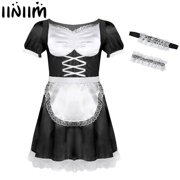 iiniim Mens Sissy French Maid Uniform Fancy Dress Sexy Funny Costumes Clubwear Parties Satin Dress with Choker and Headband