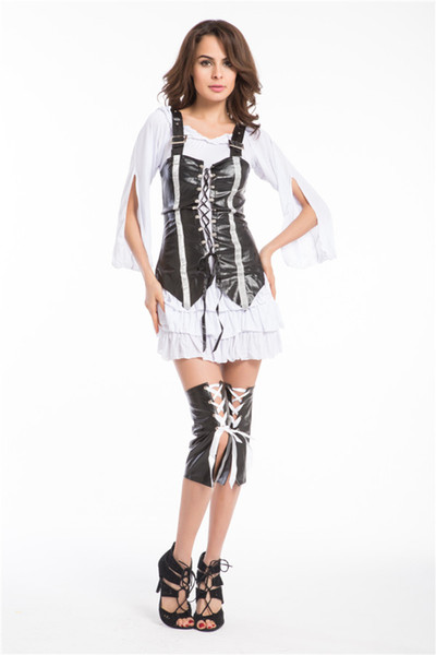 Wholesale-free pp punk Pirate Costume women adult party halloween costumes for women black Faux Leather Sexy Pirates cosplay Costume