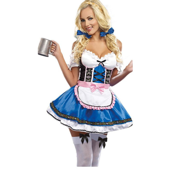 Wholesale-New Stylish Sexy Beer Girl Fancy Dress 4 Pieces Set Blue Germany Oktoberfest Costume for Women Halloween Beer Maid Dress A327095