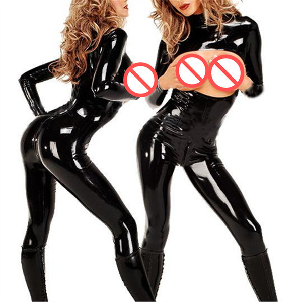 New Arrival Hot Long Sleeve Sexy Black PVC Catsuit Faux Leather Fetish AV Costume Wet Look Cupless Jumpsuit