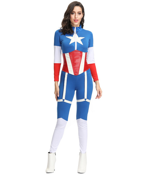 Sexy Captain America Cosplay Costume Women Zentai Jumpsuit Fancy Party Dress Up Superhero MS4385