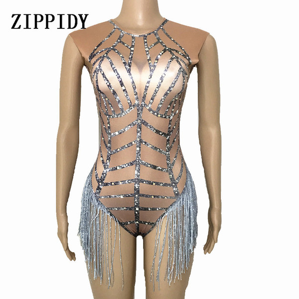 3 colors big Stretch Tassel Leotard Female Singer Dancer Sexy Fringes Bodysuit Costume Women's Nude Nightclub Outfit Party Wear S916