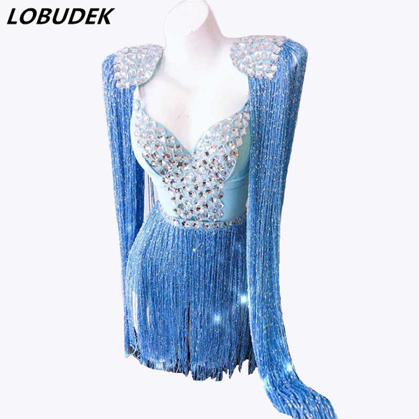 Women Sexy Play Costume Blue Pink Tassels Crystals Bodysuit Dress Dance Outfit Bar Nightclub Party Show Performance Stage Wear