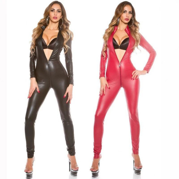 Women Sexy Costumes Black Red PU Leather Bodysuit High Collar Punk Catsuit Fantasias Long Sleeve Bodice Playsuit