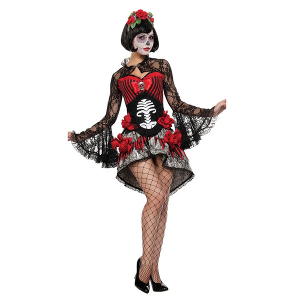 Adult Skeleton Ghost Zombie Bride Halloween Womens Horror Fancy Dress Sexy Women Halloween Zombie Costume Black Lace Dress