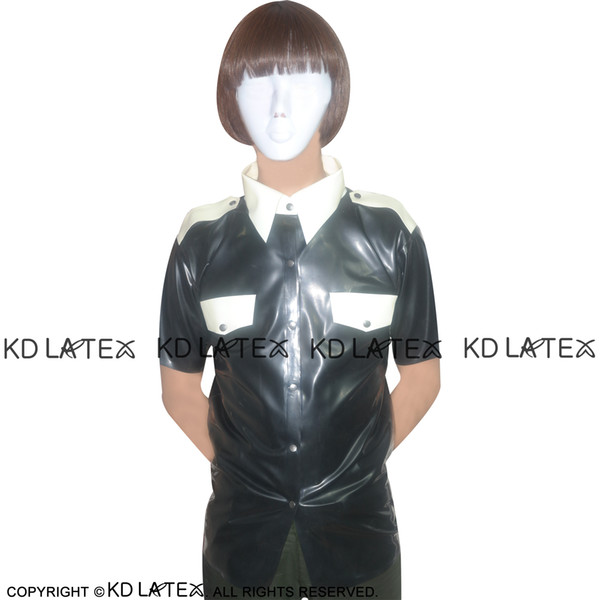 Black with White Trims Sexy Latex Military Uniform Fetish Rubber Shirt Plus Size Male 2017 Hotsales YF-0001