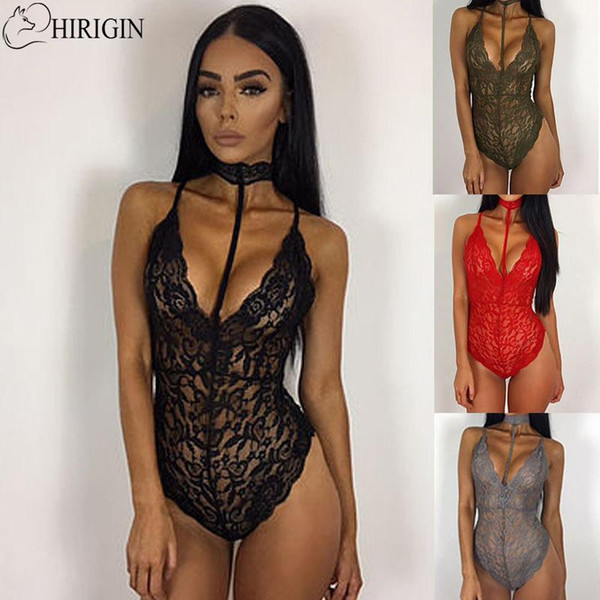 Women Deep V Neck with Lace Choker Bodysuit Underwear Babydoll Sleepwear Slim Hollow Halter Playsuit Sexy Lingerie Maid