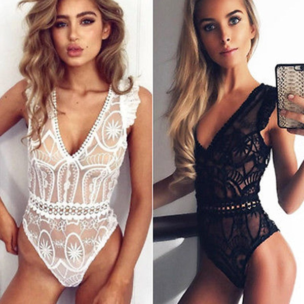 Sexy Women Deep V-Neck Lingerie Lace Floral Sleeveless Sleepwear Babydoll Bodycon Underwear Bodysuit Playsuit Party Jumpsuit