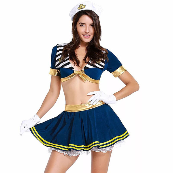 Adult Women Halloween Sexy Sailor Seaman Costume 2PCS Mini Skirt Set Fancy Temptation Navy Captain Uniform Clothes For Ladies