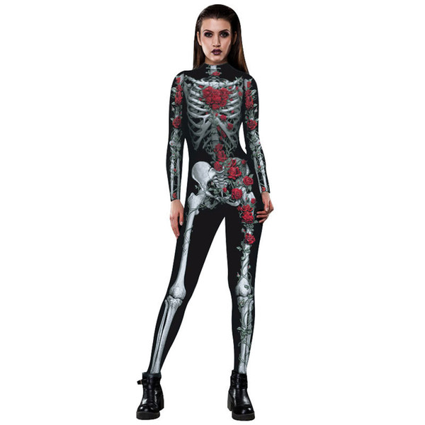 Halloween Costumes For Adults Women Sexy Skeleton Catsuit Costumes Long Sleeve Skinny Skull Bone Print Jumpsuit S-XL