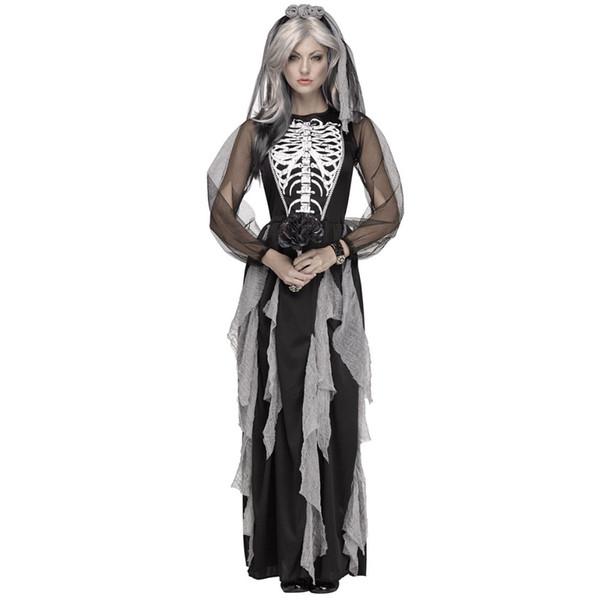 New Sexy Black Long Sleeve Women Halloween Vampire Costume Zombie Ghost Bride Cosplay Fancy Dress Lace Skeleton Dress