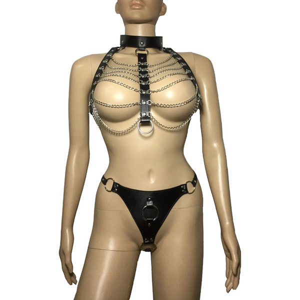 Sexy Womens Metal Chain Combo Body Harness Set Chain Drape Vest Top and Metal Ring G String Fetish Hen Party Mistress Costume