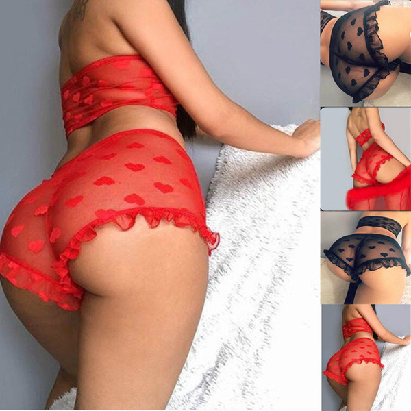 New Sexy Women's Lace Tulle Lingerie Sets Heart Print Ruffles Exotic Sets Sleepwear Babydoll Lady Sexy Nightwear Underwear