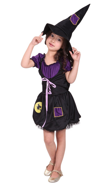 Shanghai Story Lovely Girl's Witch Costume Kids Gold Eleglant Dress With Hat Clothes For Halloween