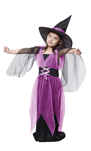 Shanghai Story Kids Halloween kids costumes + hat for girls witch purple children suit carnival lovely witch clothes