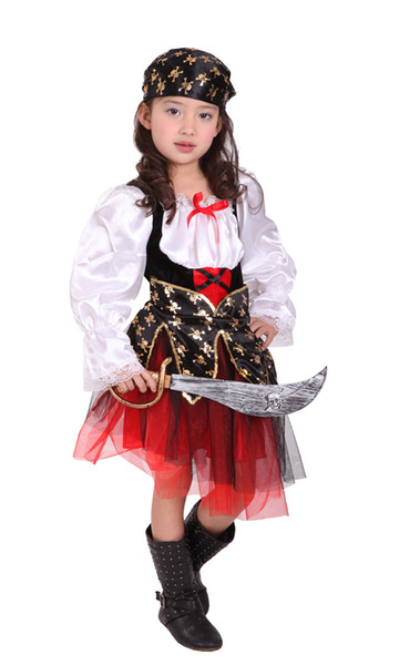 Shanghai Story Multi-color Long Sleeves Skull Print Peplum Dress Halloween Carnival Party Pirate cosplay Costumes for Children Kids Girl