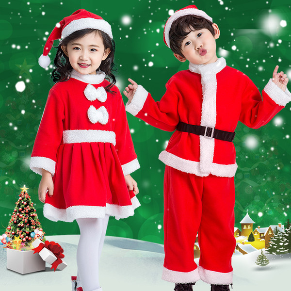 THIN Little Santa Claus Costume Children Christmas Outfit White Fuzzy Trim Girls Bowknot Dress Boys Shirt Pants Hat Set Cosplay 1-13 yrs