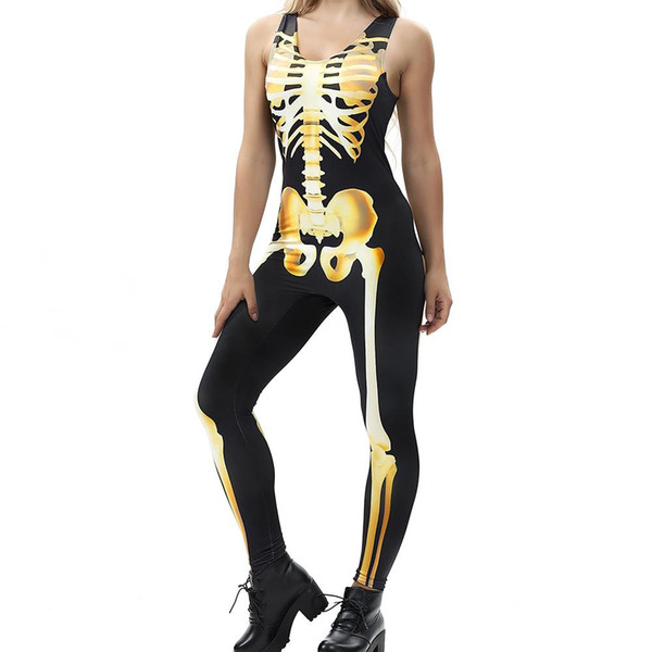 Sexy Halloween Carnival Costume Skeleton Frame Printing Sleeveless Stretch Jumpsuit Zombie Stage Performance Clothes Adult Women