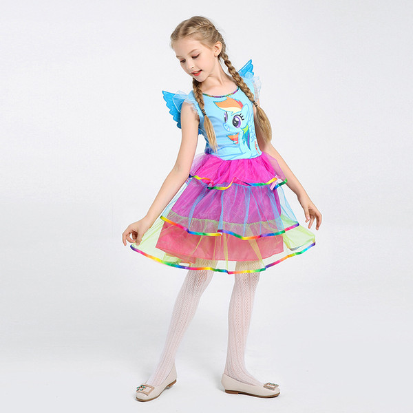 2019 Children Cosplay Christmas dress rainbow Unicorn Princess Costume Halloween stage performance skirt wings Suitable for children aged 5-