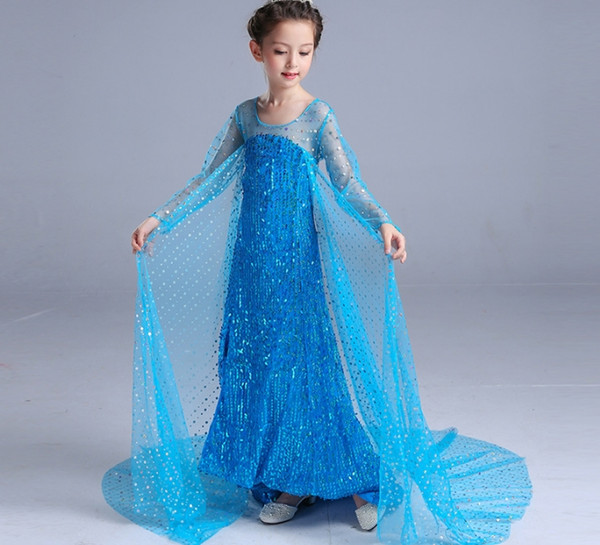 New Blue cosplay long-sleeve long mop sequined dress for Frozen Theme Costumes for girls princess party dress