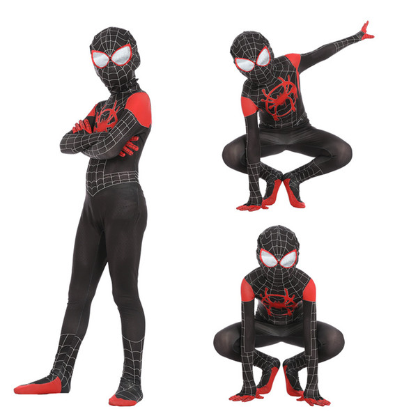 Free shipping New Spider Man Tight jumpsuit Little Black Spider-man Cosplay Anime Costume New Era Parallel Universe Kid suit