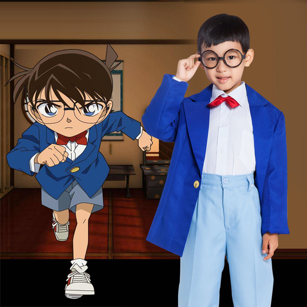 Asian Size Japan Anime Kids Child Detective Conan Edogawa Halloween Unisex Cosplay Party Costume Uniforms Full Set