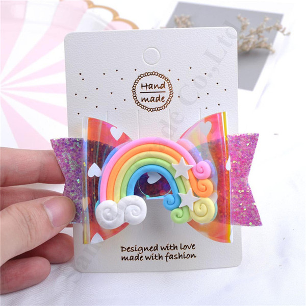 Rainbow Colored Sequined Kids Barrettes Glitter Bowknot Hairgrip Hair pin Baby Girls Lovely Hair Clip With Tags Hair Accessories A121905