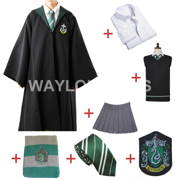 Free Shipping Slytherin Cosplay Robe Cloak Pullover Sweater Shirt Skirt Tie Badge Scarf for Harris costume