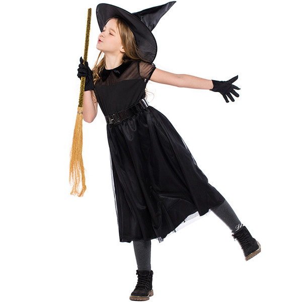 Children cosplay little witch black mesh Halloween witch dress stage costumes include hats and gloves Size:S,M,L