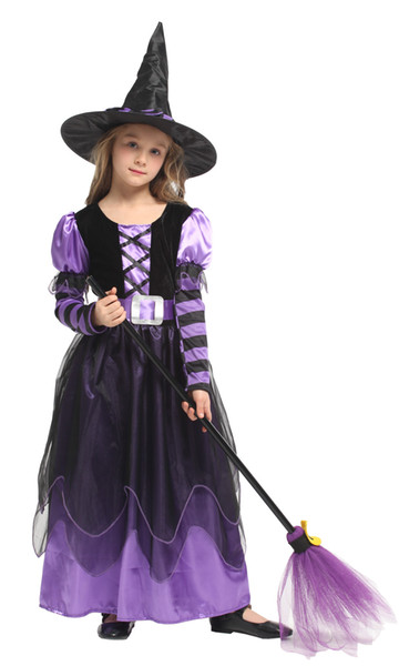 Shanghai Story 2018 Girl's Witch Costume Kids Gold Eleglant Dress With Hat Clothes For Halloween