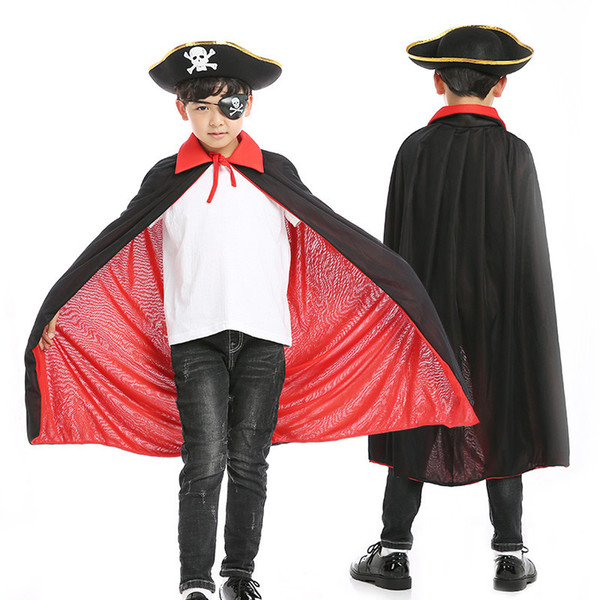 Wholesale Halloween Red Black Cosplay Pirate Cloak Set with Cloak & Eye Patch & Hat for Girl and Boy