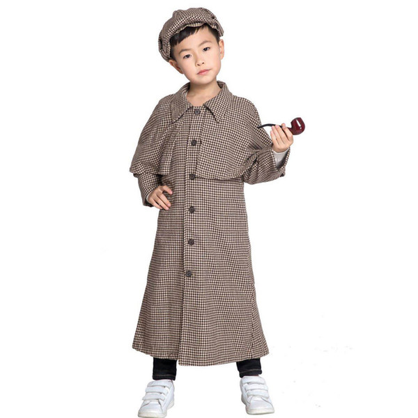 Kid Children Sherlock Holmes Cosplay Costumes Fancy Dress Trench with Cap Halloween Costume