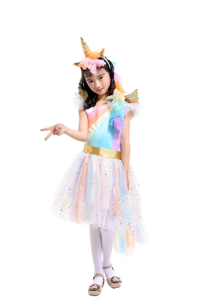 Unique Girls' Deluxe Rainbow Unicorn Costume With wings For Halloween Unicorn cosplay costumes