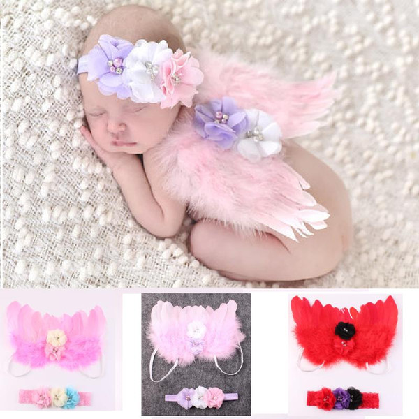 3 Color Baby Angel Wing + Chiffon flower headband Photography Props Set newborn Pretty Angel Fairy Pink feathers Costume Photo headband Prop