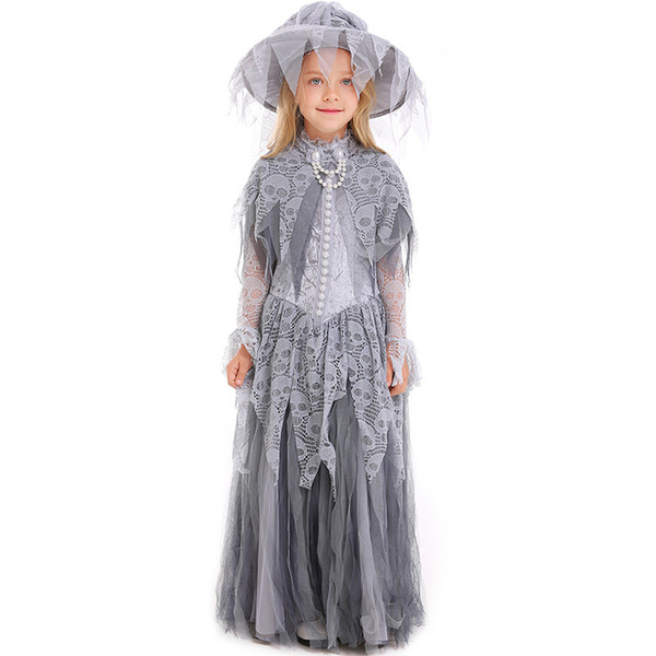 New Ghost Princess Bride Costumes Gray Long Dresses For Girls Cosplay Halloween Girl Perfect Dress Up Party Artistic Photograph Clothing