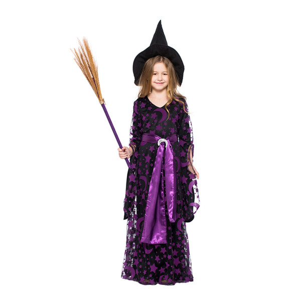 2018 Children Purple Witches Halloween Costume Stage Performance Fancy Dress Star Month Printing Girl Witch Dress