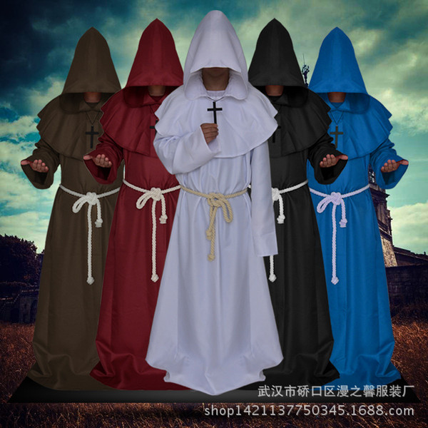 Medieval Friar Cosplay Costume Vintage Renaissance Priest Monk Cowl Robes Cosplay Outfits with Cross Necklace for Adult Men Gifts