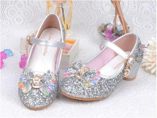 Ins Baby Girls High Heels Shoes Glitter Princess Sandals Spring Summer Children Fashion Crystal Party Shoes Tie Bowknot Wedding Dress