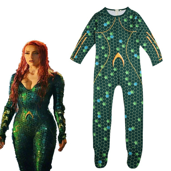 Asian Size Kids Queen Mera Green Superhero 3D Aquaman Cosplay Costume Party Zentai Jumpsuit Skin Catsuit Bodysuit