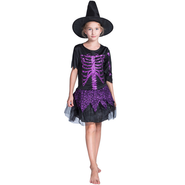 Halloween Witch Costume Kids Lovely Short Sleeves Dress With Hat Carnival Cosplay Party Girl Fancy Dress