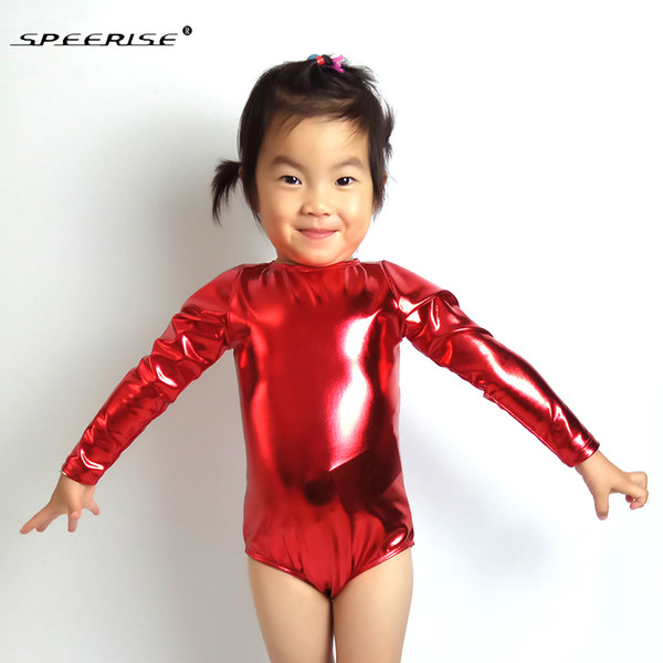 Wholesale Shiny Metallic Girls One-piece Leotards Long Sleeve Gymnastics Spandex Leotard Bodysuit Ballet Dance Costumes Kids