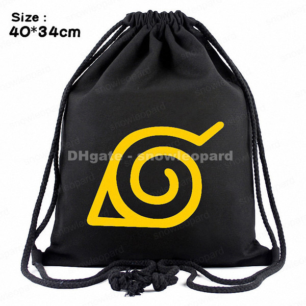 Naruto Leaf Travel Backpack Drawstring Bag Canvas Black Unisex 40*34cm